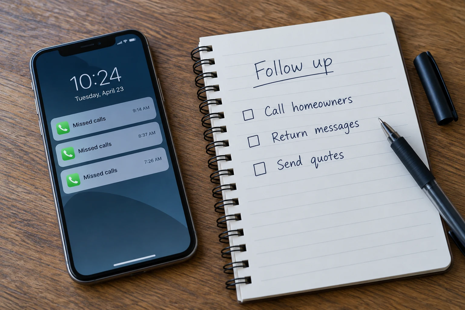 Missed calls on a phone beside a handwritten follow-up checklist.
