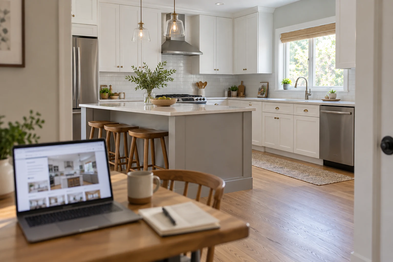 Kitchen renovation with a laptop displaying a remodeling project website.