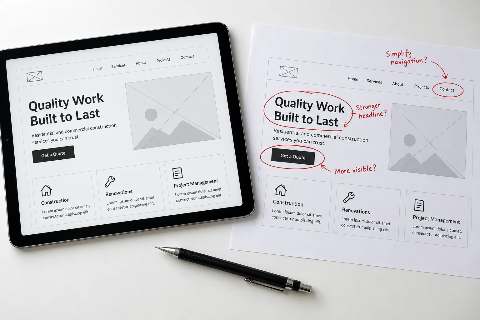 Website wireframe beside a printed layout marked with suggested improvements.