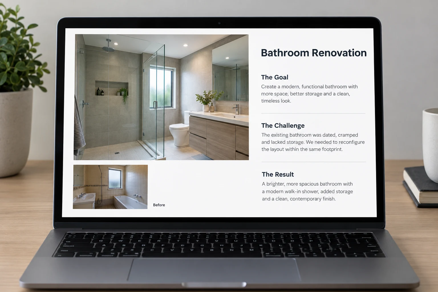 Example project page pairs bathroom photographs with the goal, challenge, and result.