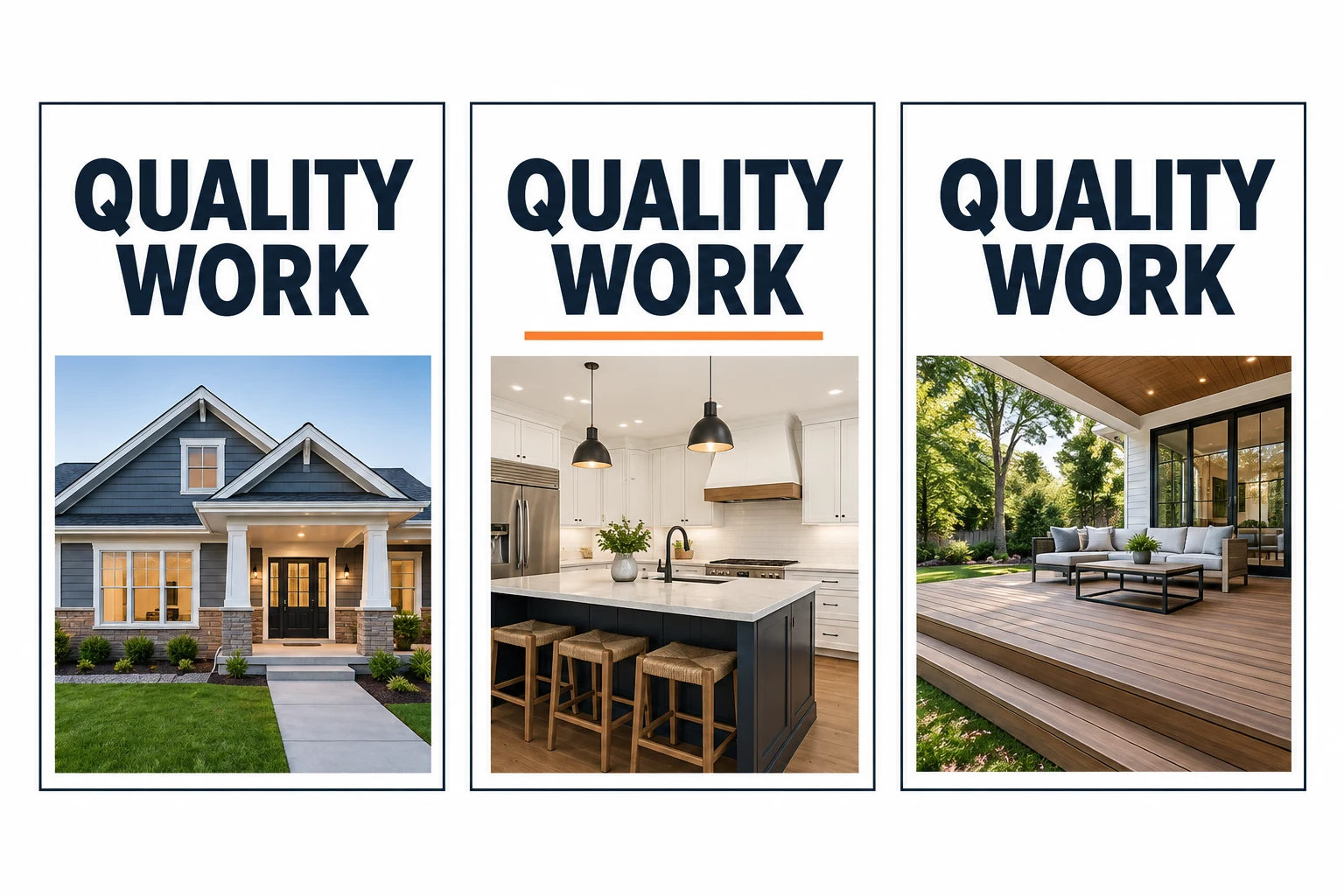 Three contractor marketing panels repeat the same quality-work claim.